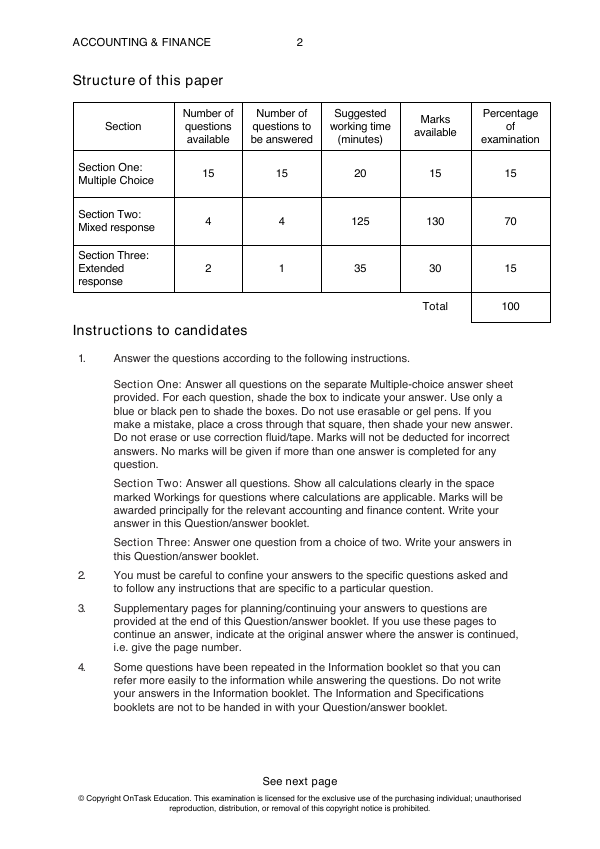 Year 11 Semester 1 Accounting & Finance Exam 1: inside page preview