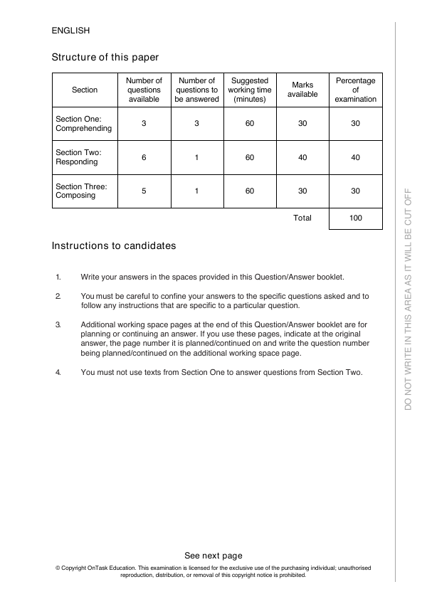 Year 11 Semester 2 English Exam 1: inside page preview
