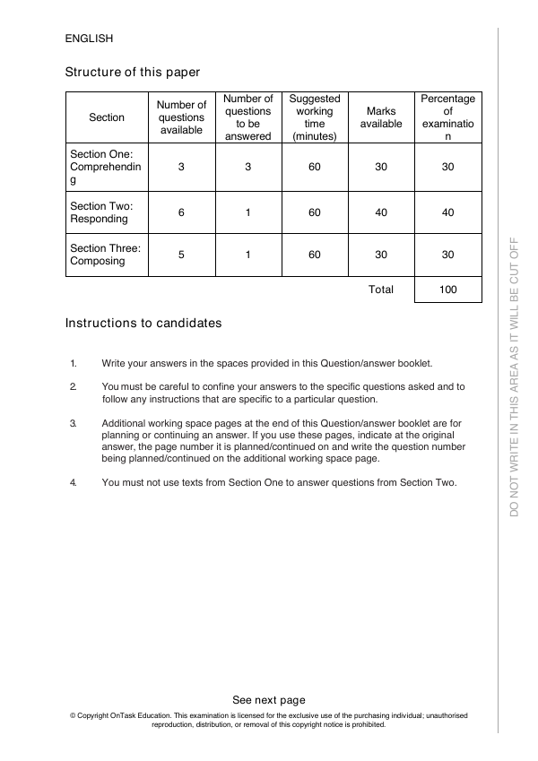Year 12 Semester 2 English Exam 1: inside page preview