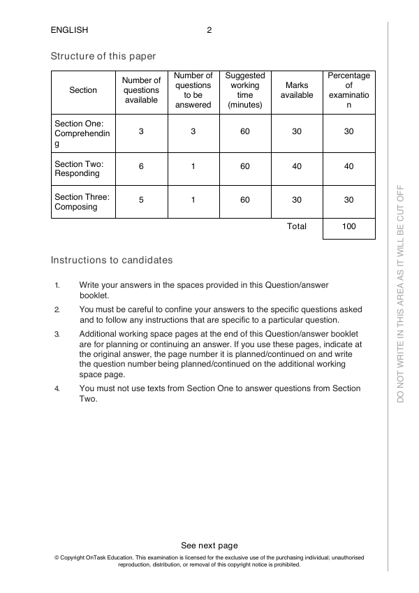 Year 12 Semester 2 English Exam 2: inside page preview